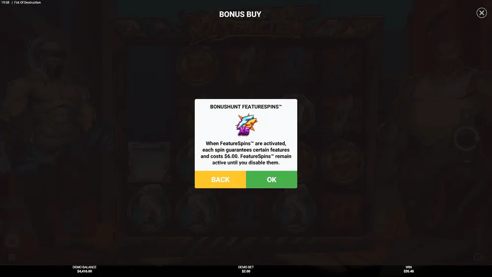 Interface de sélection FeatureSpins montrant les options d'achat Uppercut et Epic Drop